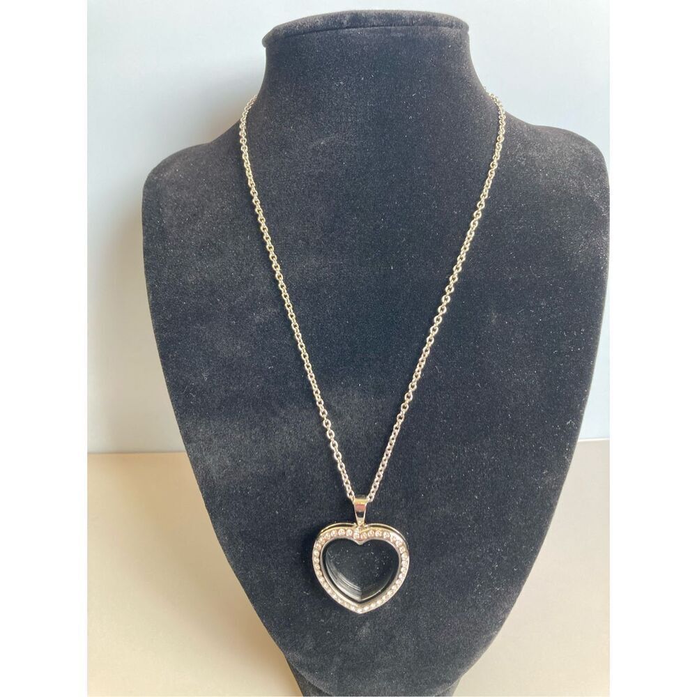 Silver Tone Rhinestone Heart Floating Locket Necklace Adjustable Chain 18-20 In